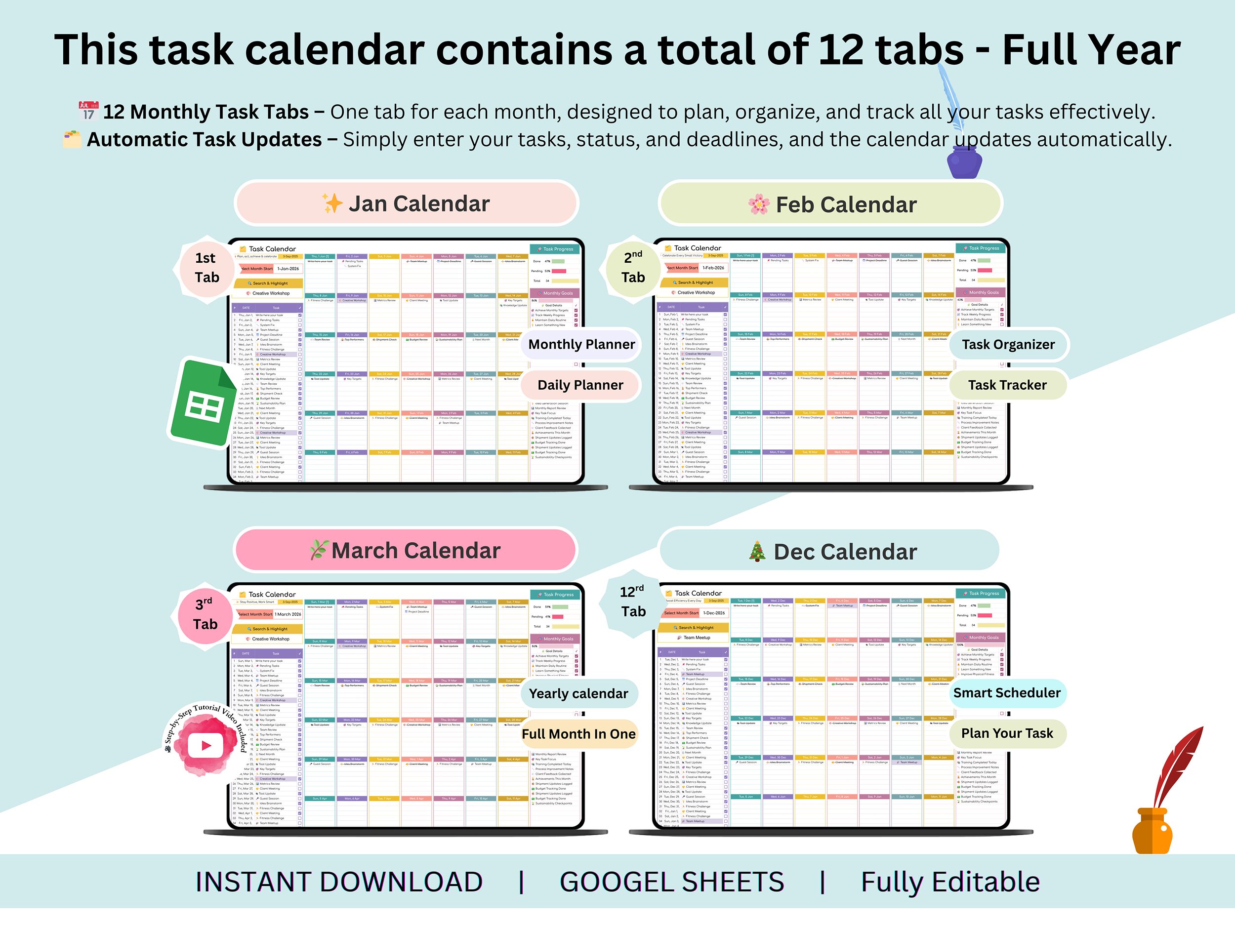 Task Calendar – task tracker and calendar – task planner google sheets – monthly calendar – Yearly calendar template – task management