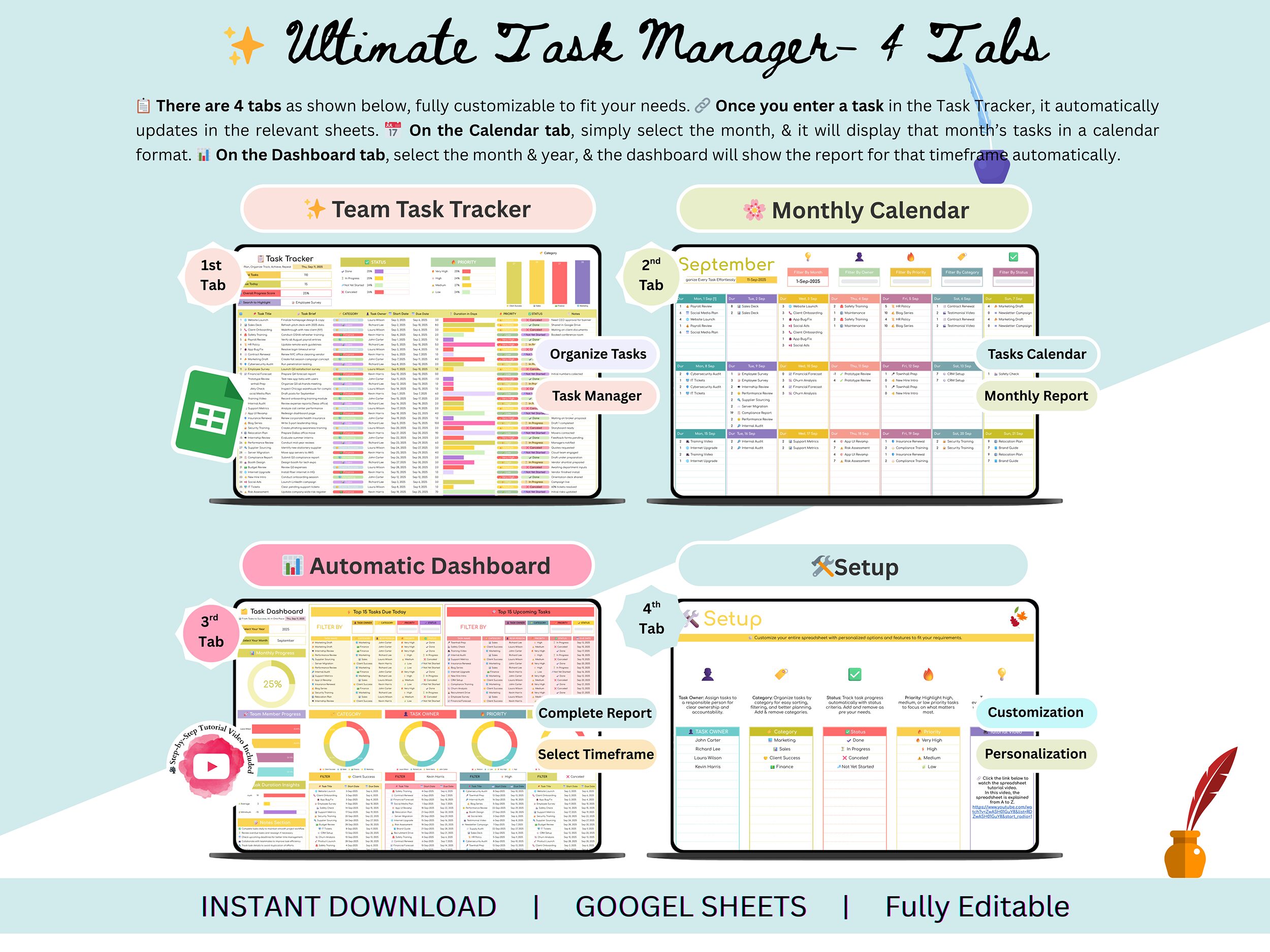 Task Manager – task management template – task management dashboard – task manager tool – task tracker google sheets template – task tracker