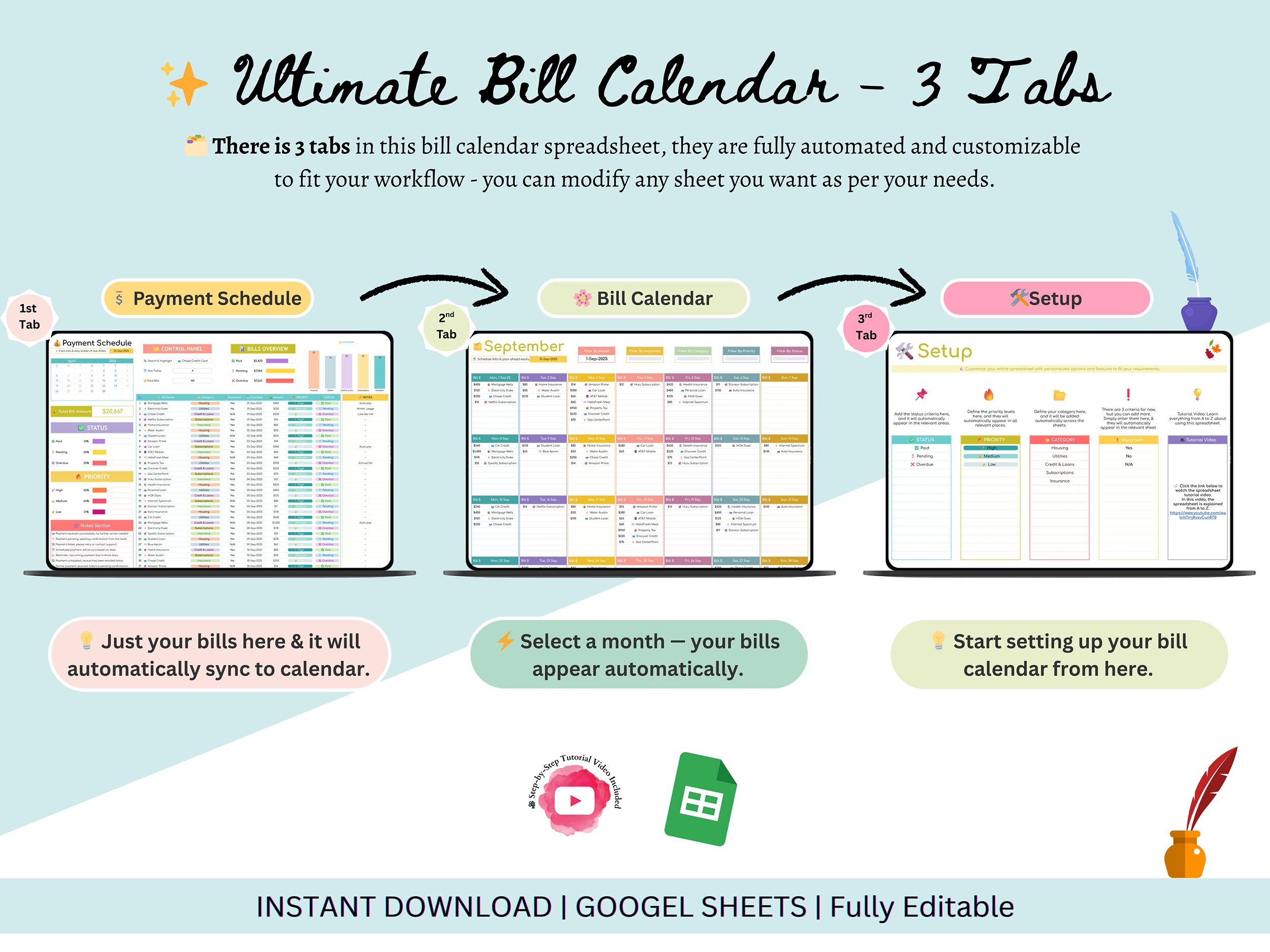 Bill Tracker – Bill Calendar – Bills Calendar – Smart Bill Calendar – Bill Spreadsheet – Monthly Bill Tracker – Bill Payment Tracker – Bills
