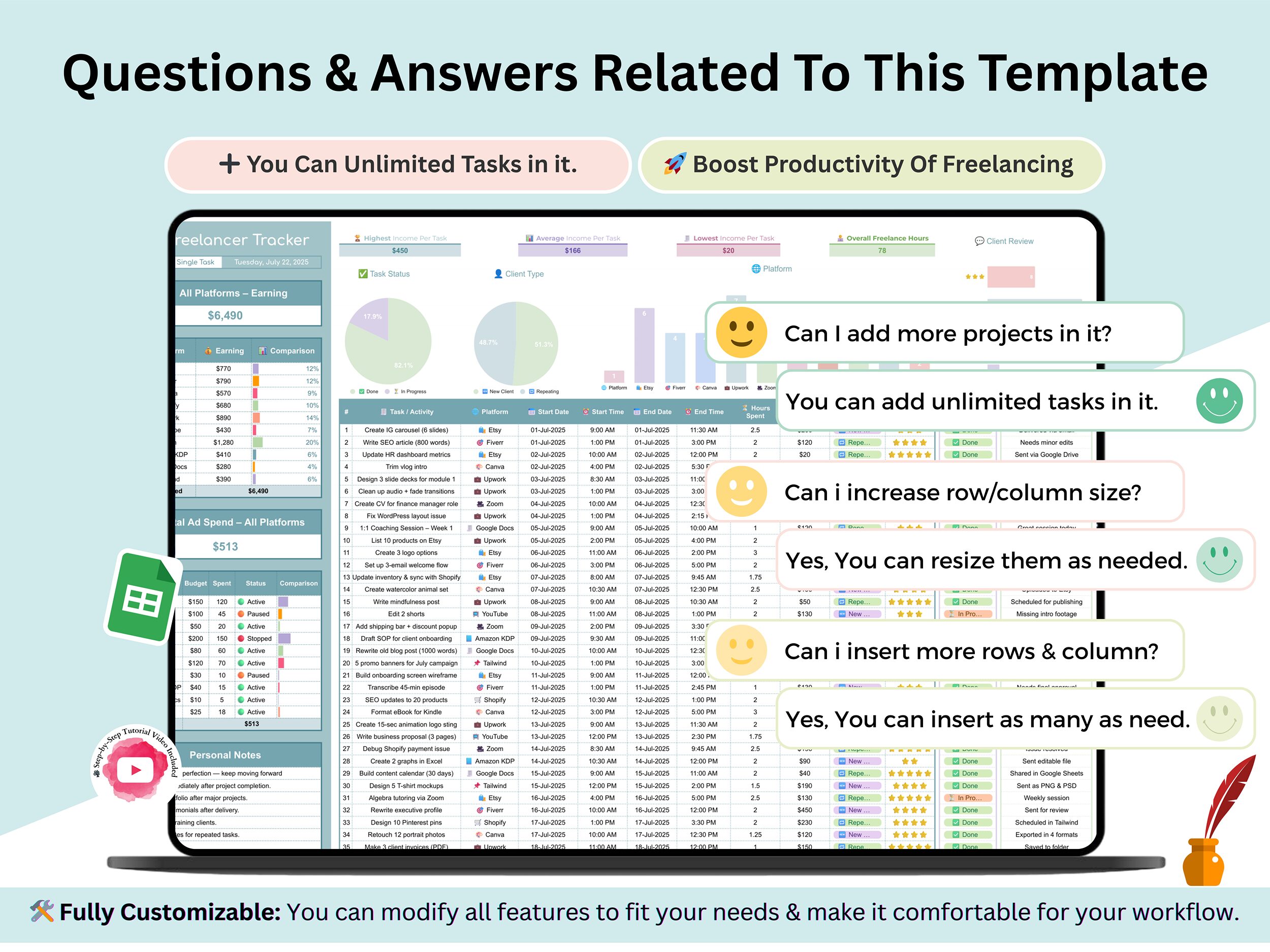 Freelancer Tracker - freelancer task tracker - freelancer client planner - freelancer spreadsheet - freelancer dashboard - freelancer tool - Image 3