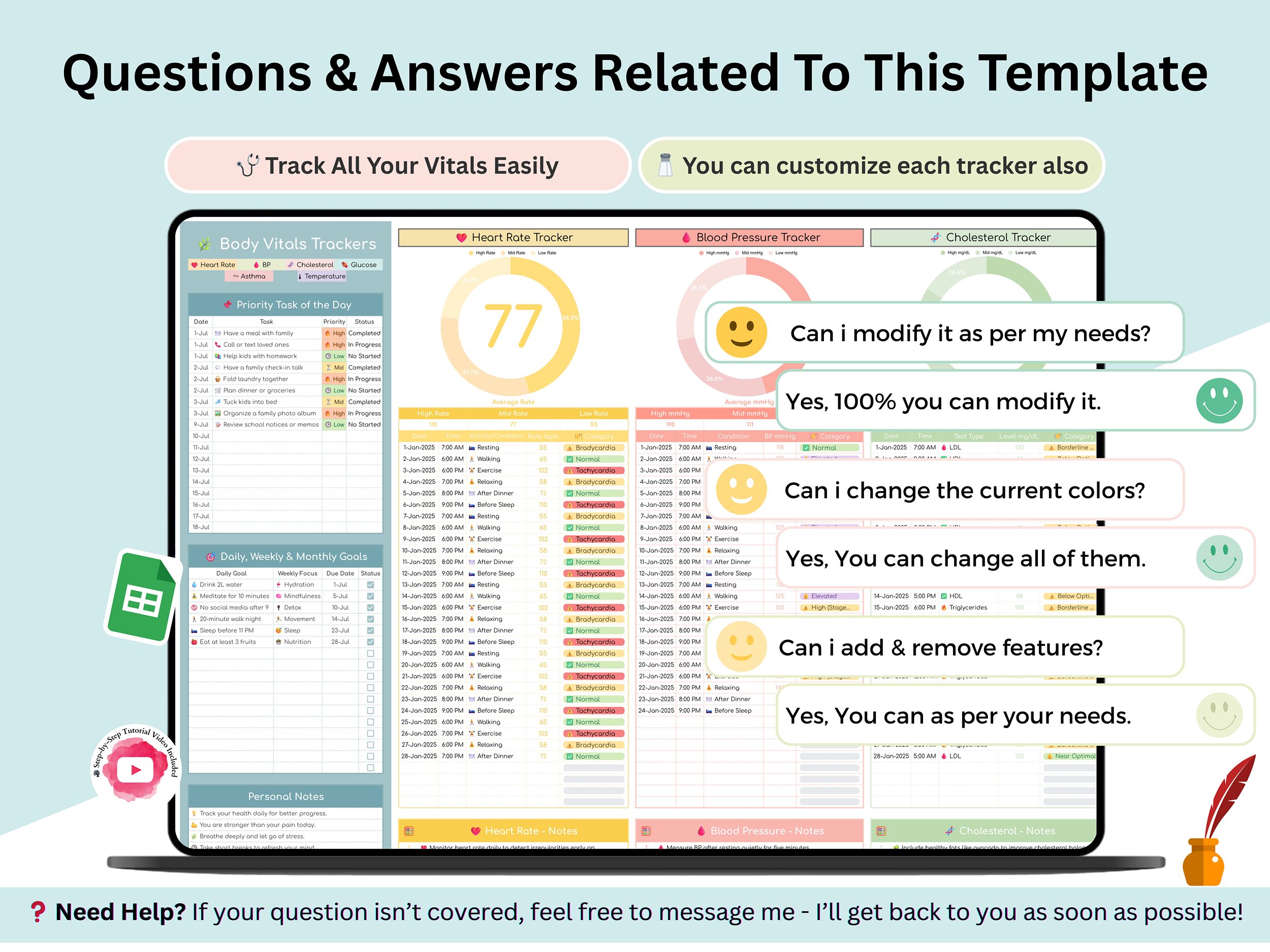 Heart Rate Tracker – Blood Pressure Tracker – Cholesterol Tracker – Glucose Tracker – Asthma Tracker – Temperature log – blood pressure log