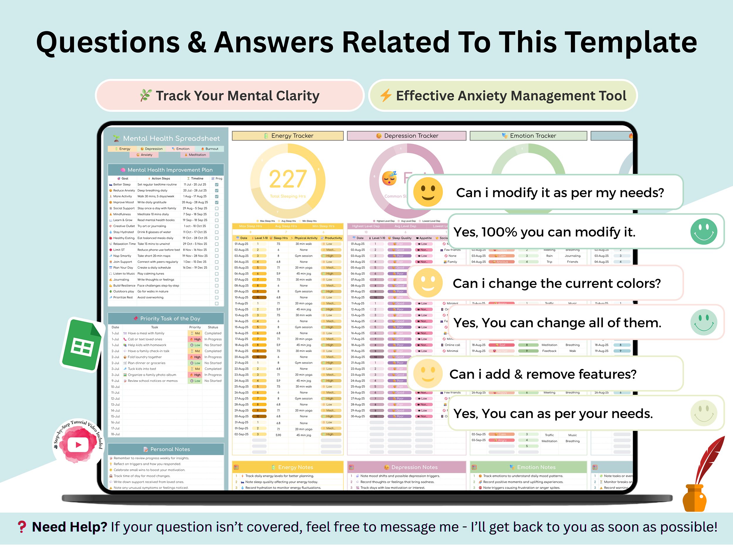 Energy Tracker – Depression Tracker – Emotion Tracker – Burnout Tracker – Anxiety Tracker -Meditation Tracker – 6 Trackers In 1 Spreadsheet
