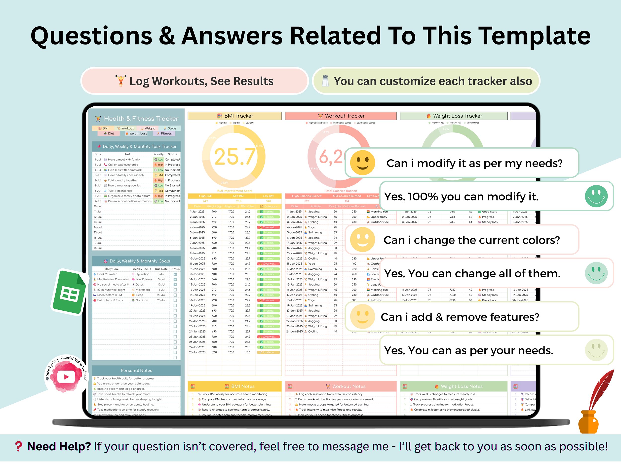 Weight Loss Tracker – fitness tracker – workout tracker – Steps Tracker – weight tracker – diet tracker – BMI spreadsheet – 7 Trackers In 1