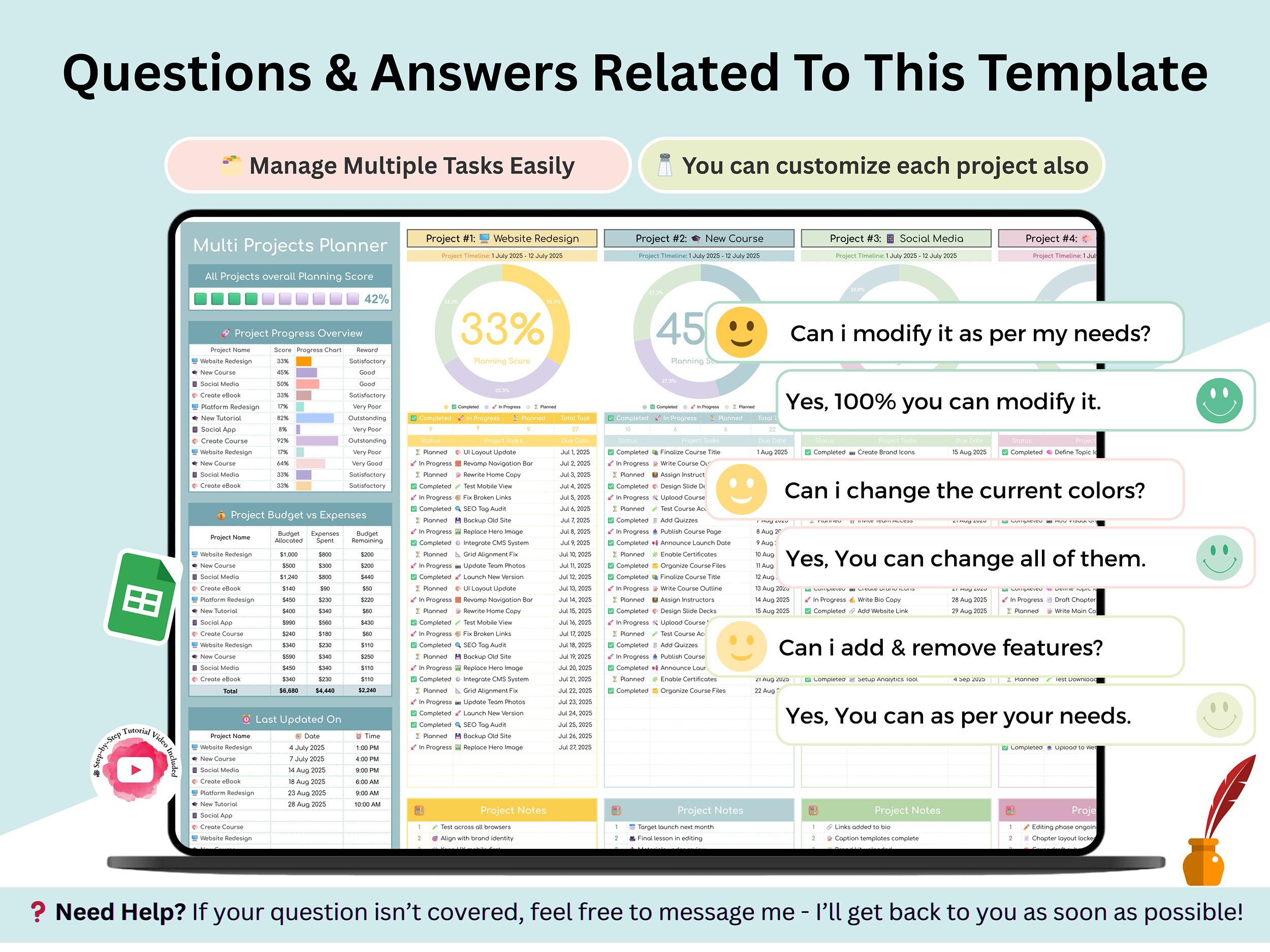 Multi Projects Planner – Project Planner – Multiple Projects Tracker – Project Planning – Project Task Tracker – Project Spreadsheet