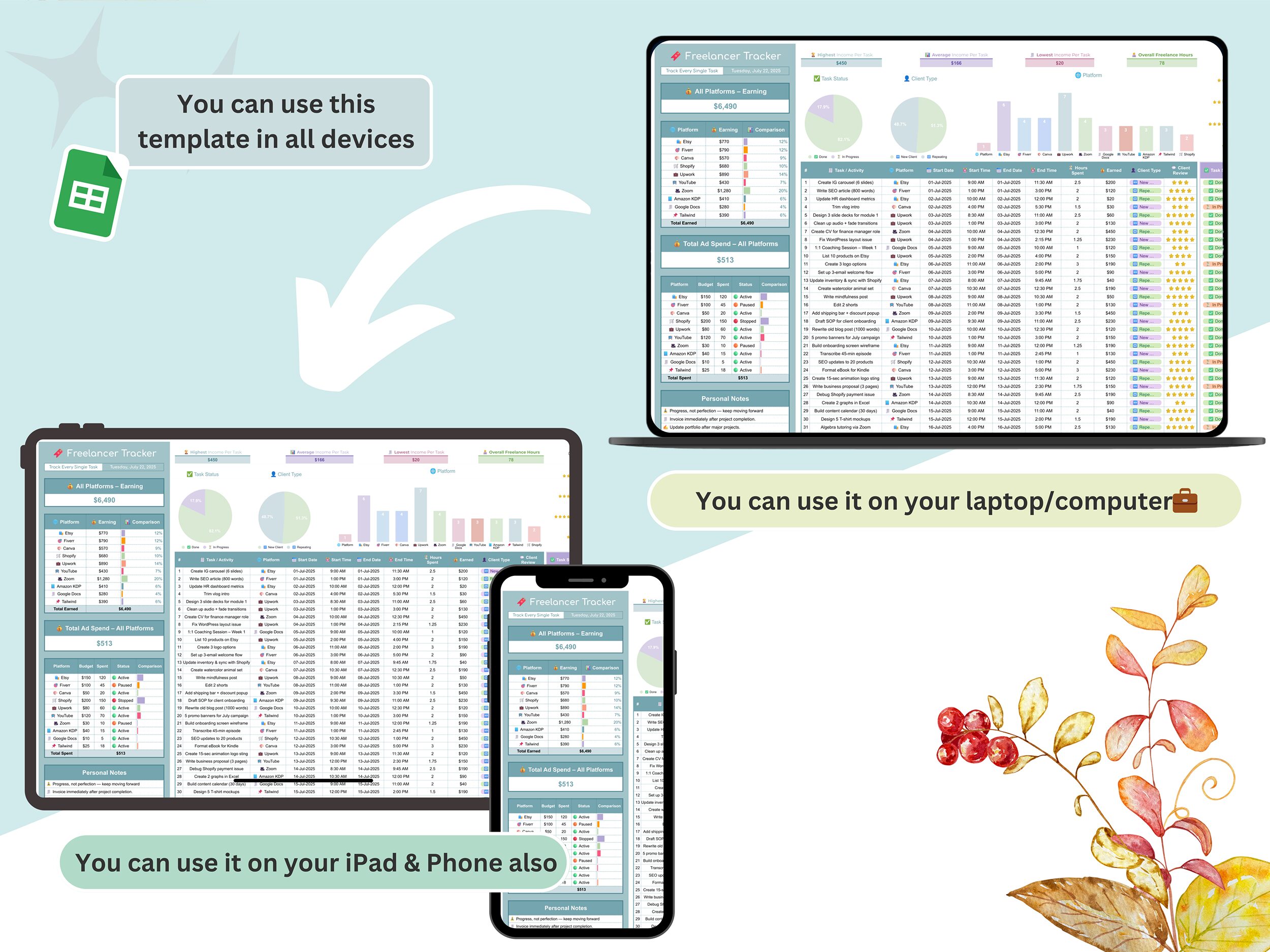 Freelancer Tracker - freelancer task tracker - freelancer client planner - freelancer spreadsheet - freelancer dashboard - freelancer tool - Image 5