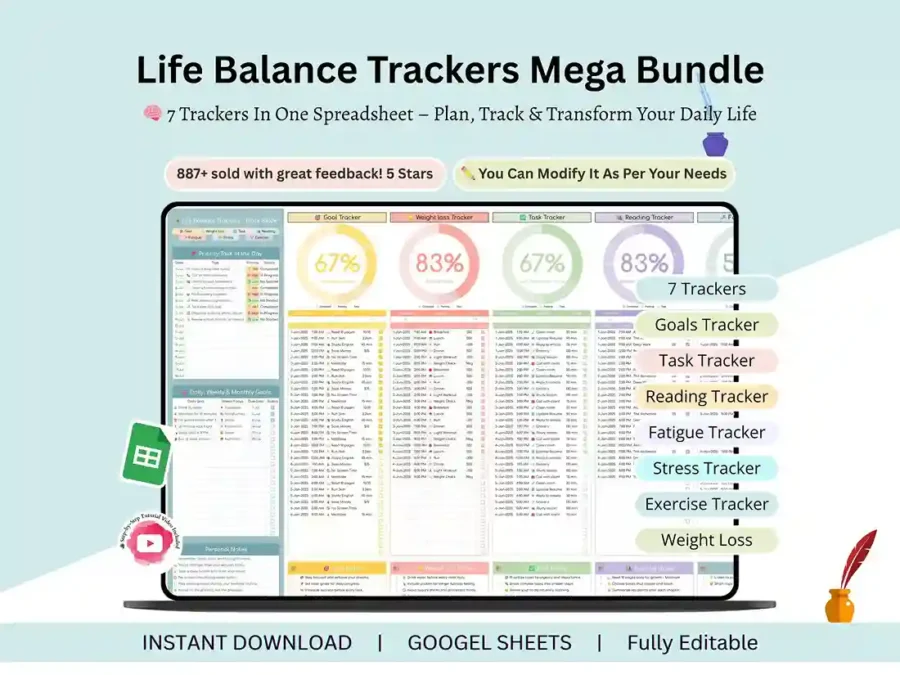 All-in-one life balance tracker dashboard in Google Sheets showing eight tracker tabs