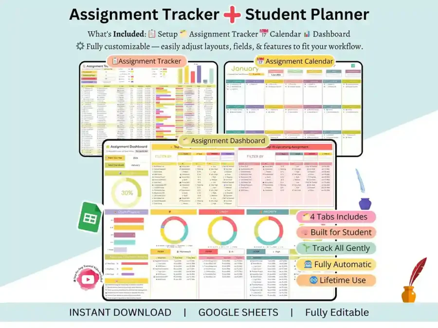 Assignment tracker Google Sheets student planner cover