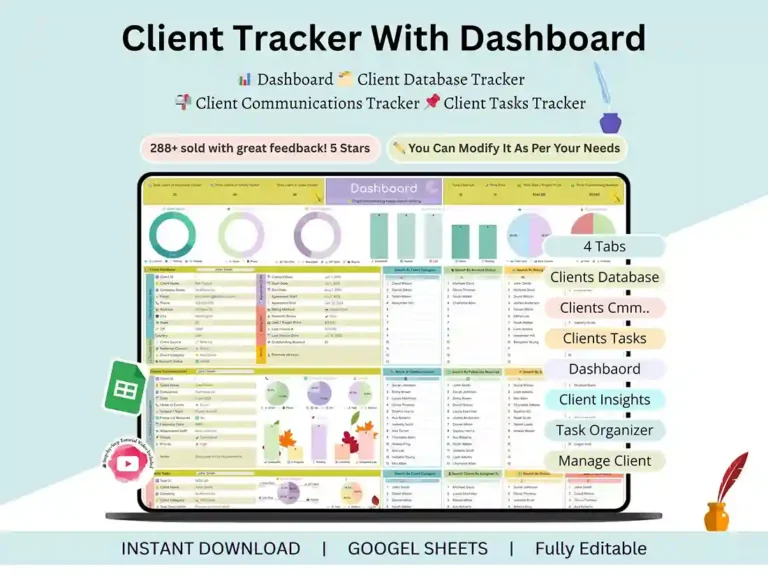 Client tracker template dashboard in Google Sheets showing clients, payments and deals