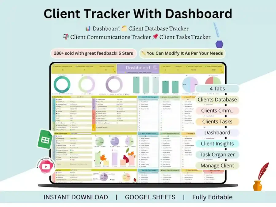 Client tracker template dashboard in Google Sheets showing clients, payments and deals