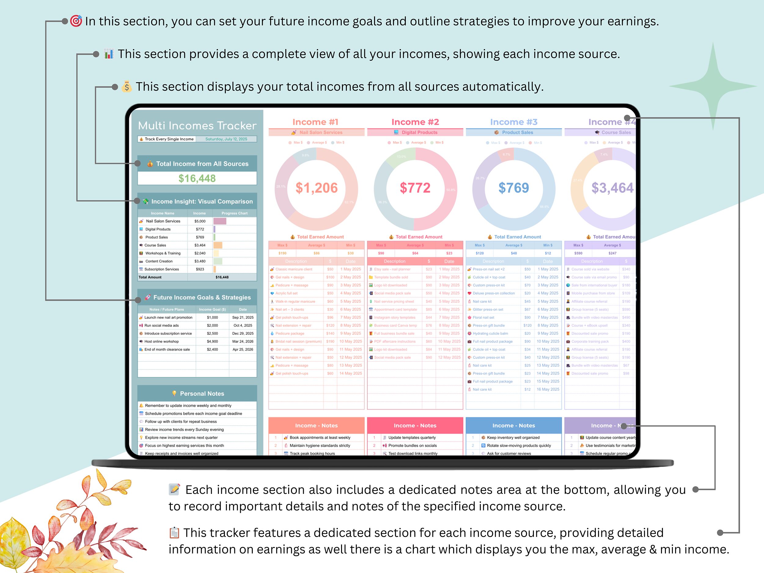 Multi Income Tracker - Expense Tracker Google Sheets - Savings Tracker Spreadsheet - Pro Weekly Planner - multi income - 4 Trackers In 1 - Image 7