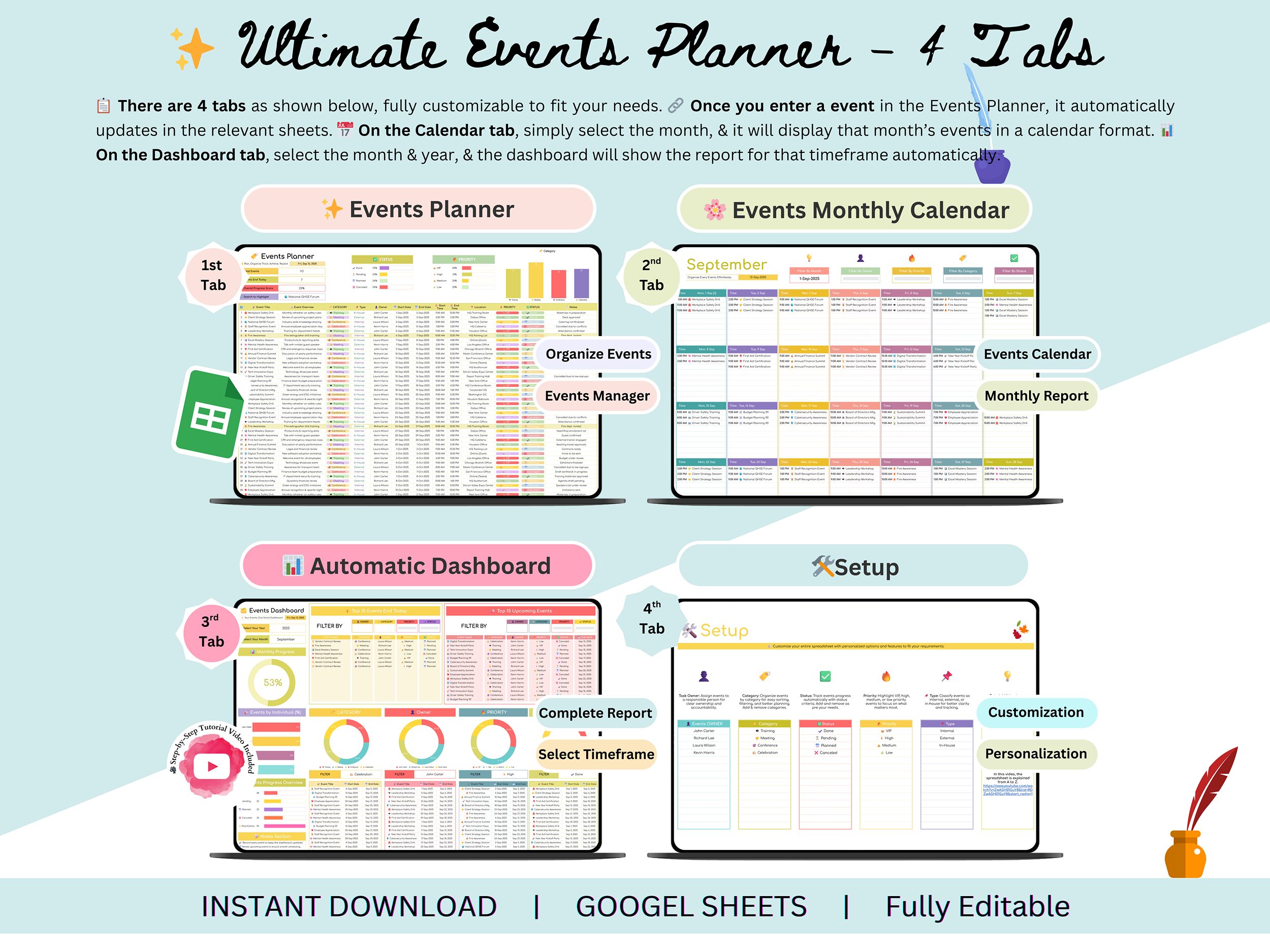 Events Planner – events calendar – events calendar google sheets – event planning spreadsheet – event planner spreadsheet – events tracker
