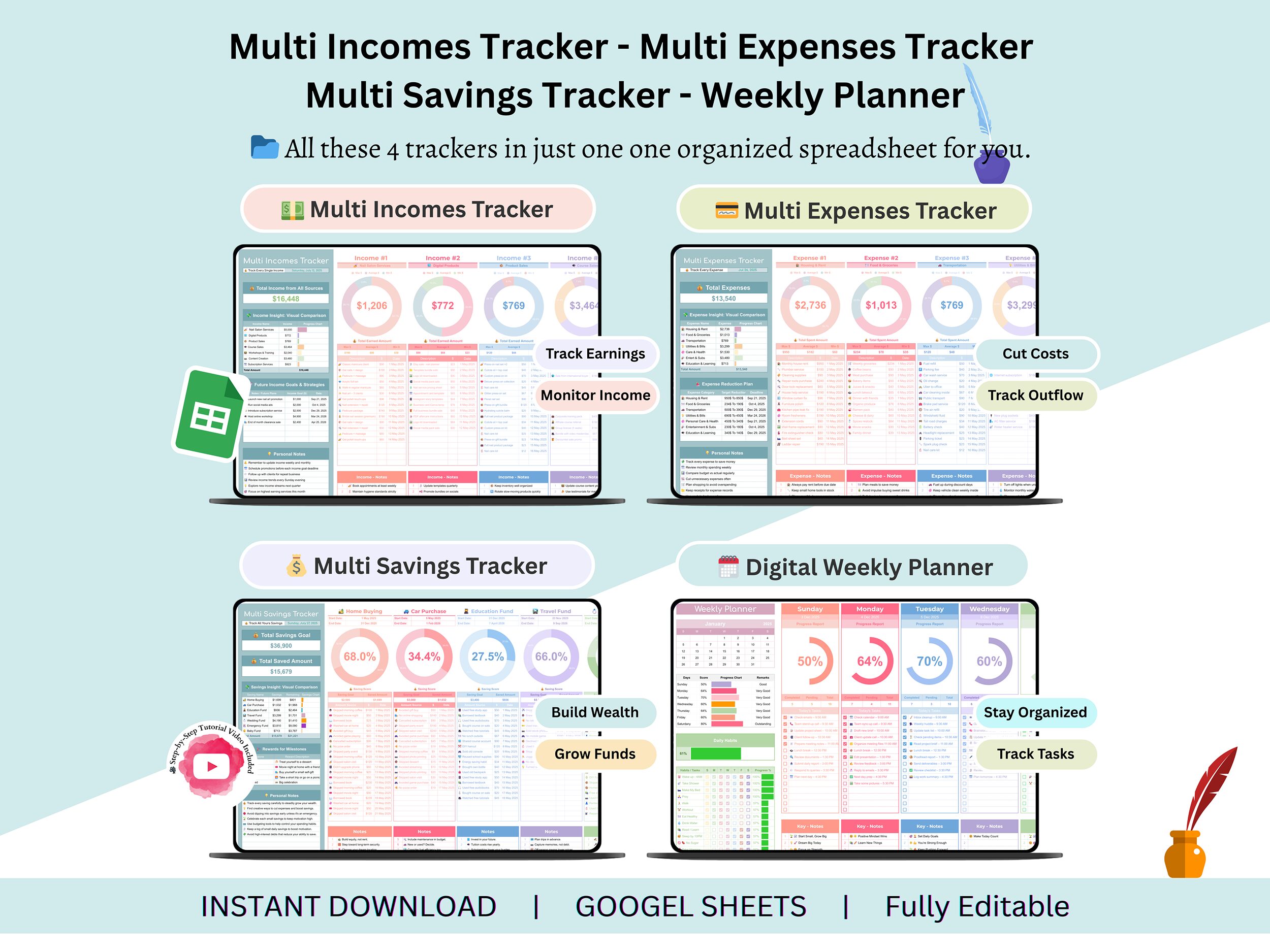 Multi Income Tracker – Expense Tracker Google Sheets – Savings Tracker Spreadsheet – Pro Weekly Planner – multi income – 4 Trackers In 1