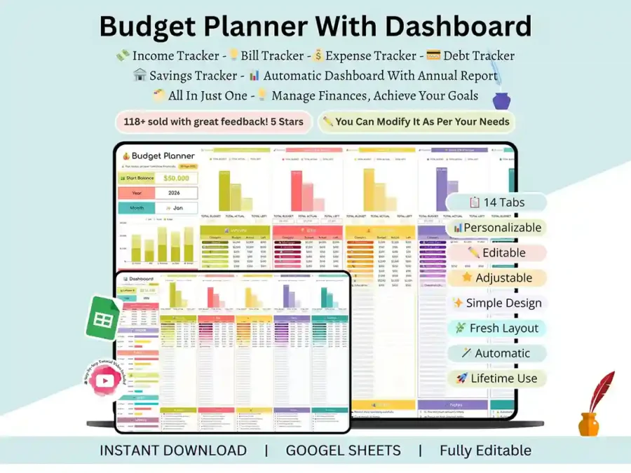 Digital budget planner dashboard showing monthly income and expense totals