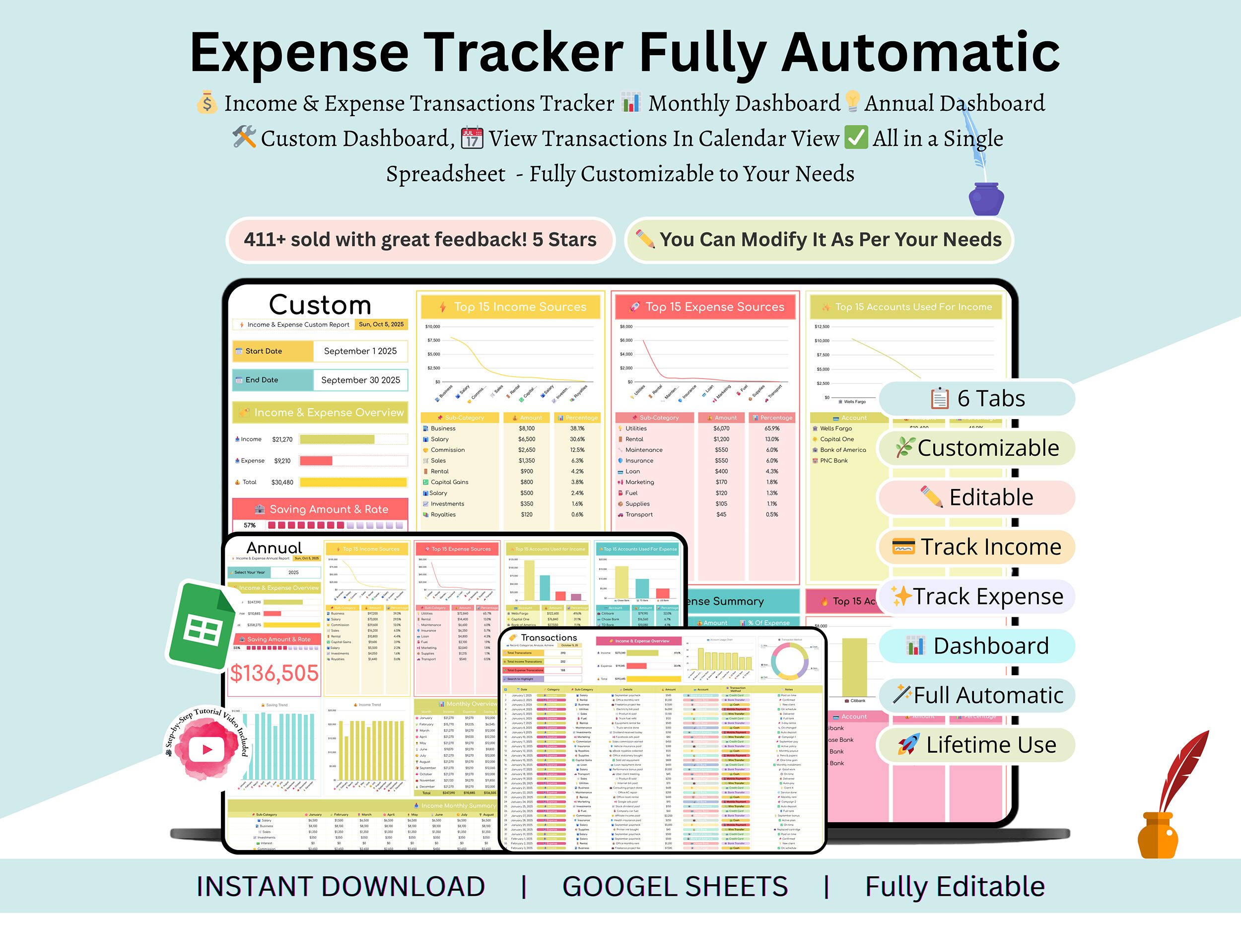 Google Sheets income and expense tracker dashboard overview