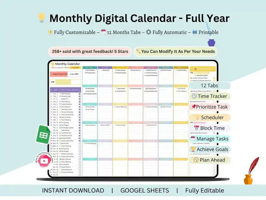 Monthly task planner Google Sheets template — full 12-tab calendar overview