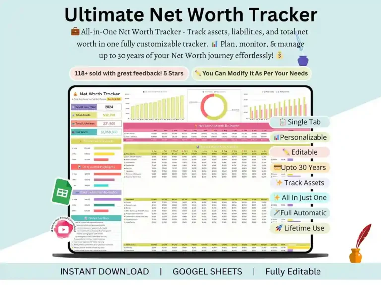 Net worth tracker spreadsheet dashboard showing total assets, liabilities, and net worth