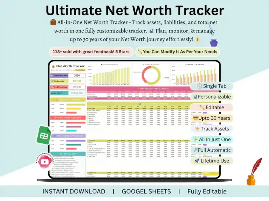 Net worth tracker spreadsheet dashboard showing total assets, liabilities, and net worth