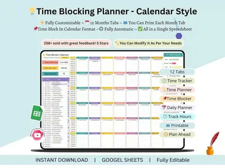 Time blocking template for Google Sheets with a daily schedule laid out in time blocks