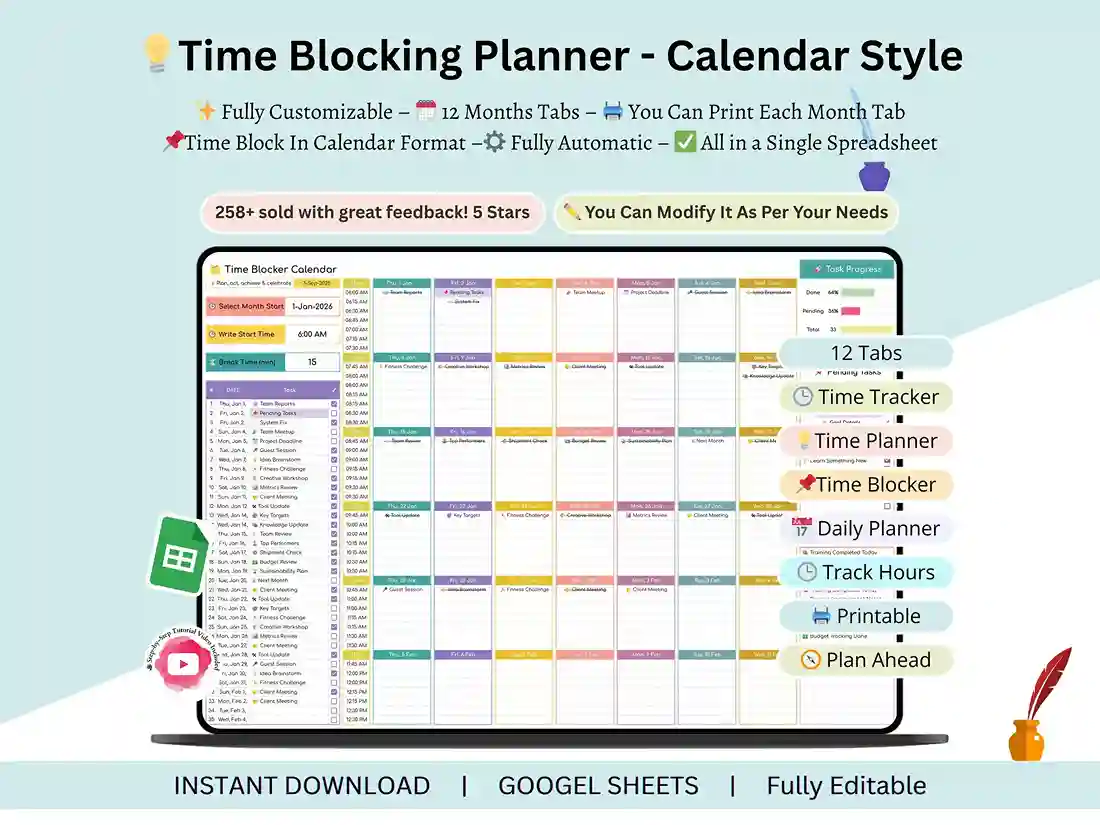 Time blocking template for Google Sheets with a daily schedule laid out in time blocks