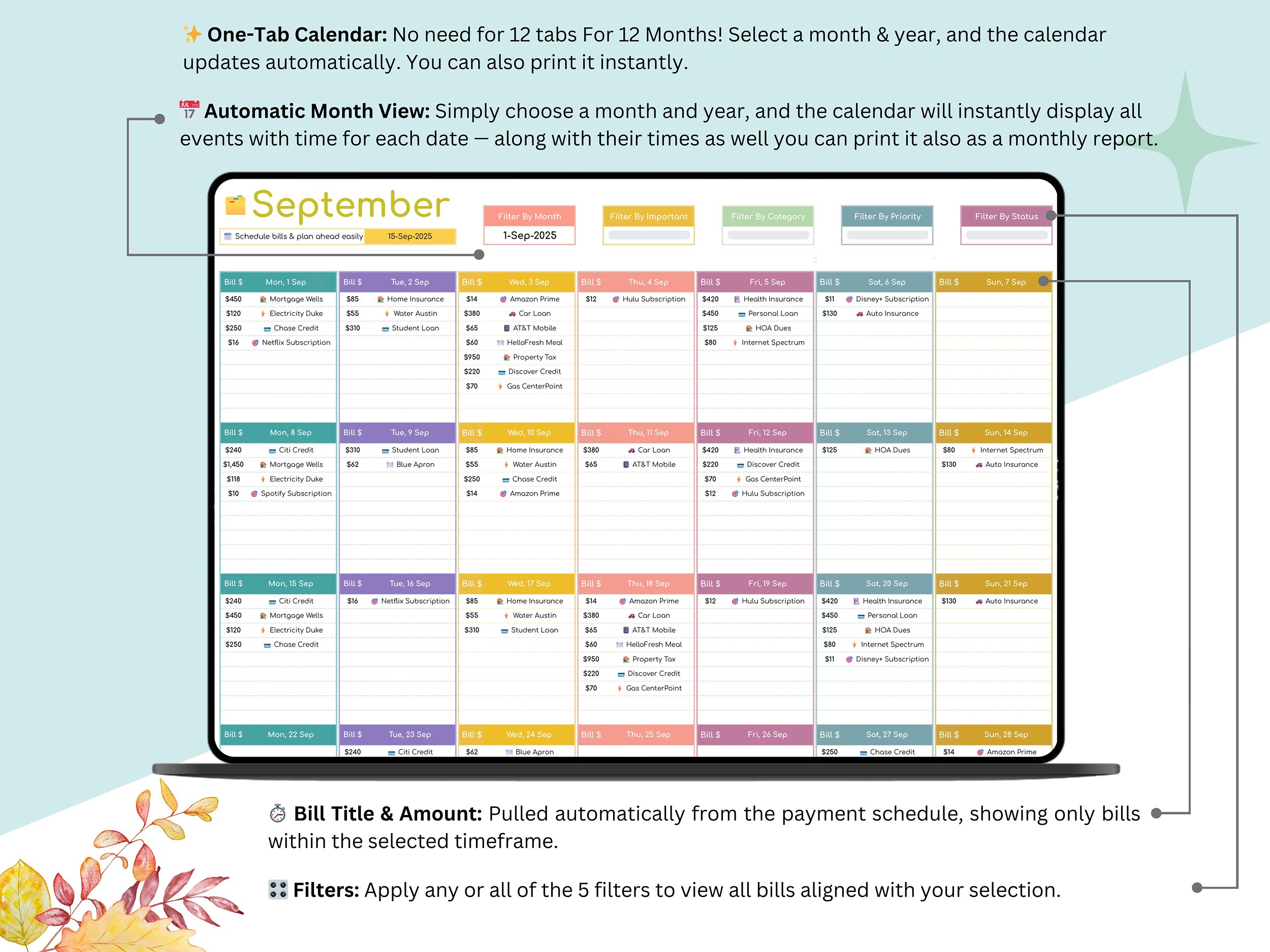Financial Planner Google Sheets – Budget & Debt Tracker 6 Color-coded bill calendar showing recurring and one-time payments