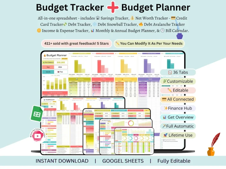Finance Control Station dashboard showing budget, savings, and net worth summary