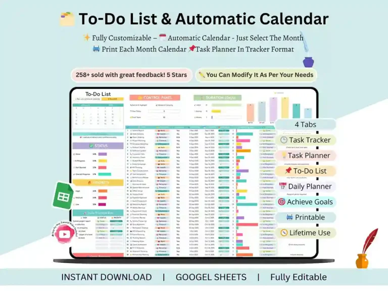 To do list Google Sheets tracker overview with daily, weekly, and monthly views