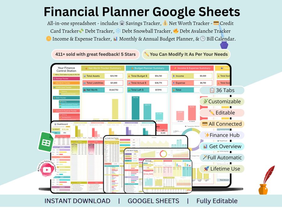 Financial Planner Google Sheets - budget tracker - savings tracker - net worth tracker - credit card tracker - bill tracker - debt tracker