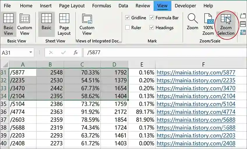 Excel zoom to selection example