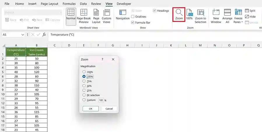 How to change zoom level in Excel View tab 2